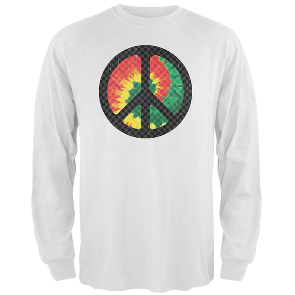 Rasta Tie Dye Peace Sign Distressed Halftone Mens Long Sleeve T Shirt Men's Long Sleeves Old Glory 2XL White 