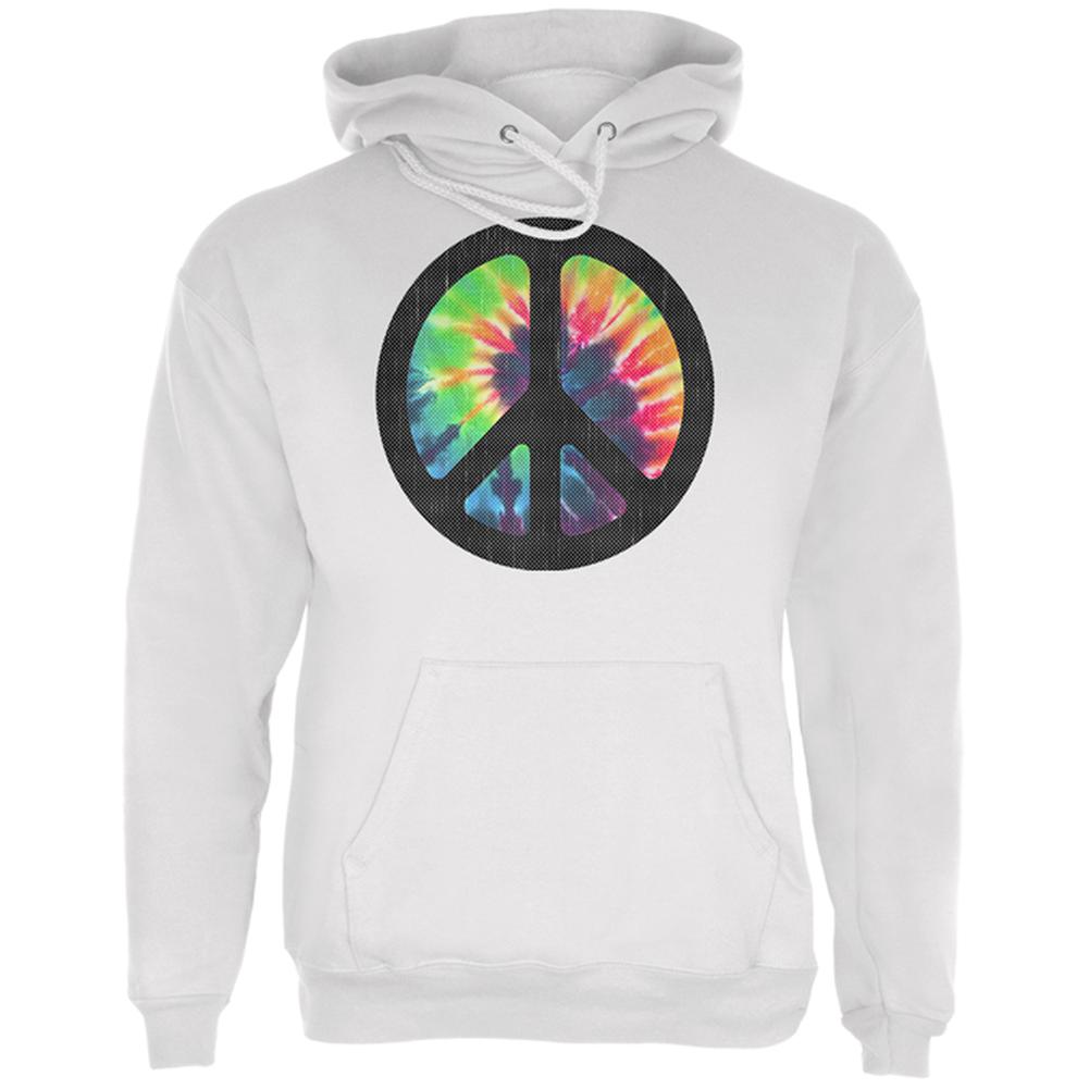 Tie Dye Peace Sign Distressed Halftone Mens Hoodie Men's Hoodies Old Glory LG White 