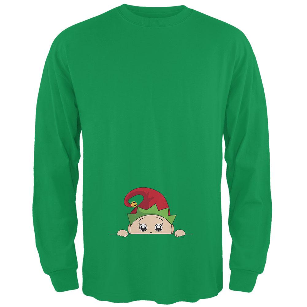 Christmas Peeking Baby Elf Green Mens Long Sleeve T Shirt Men's Long Sleeves Old Glory 2XL Irish Green 