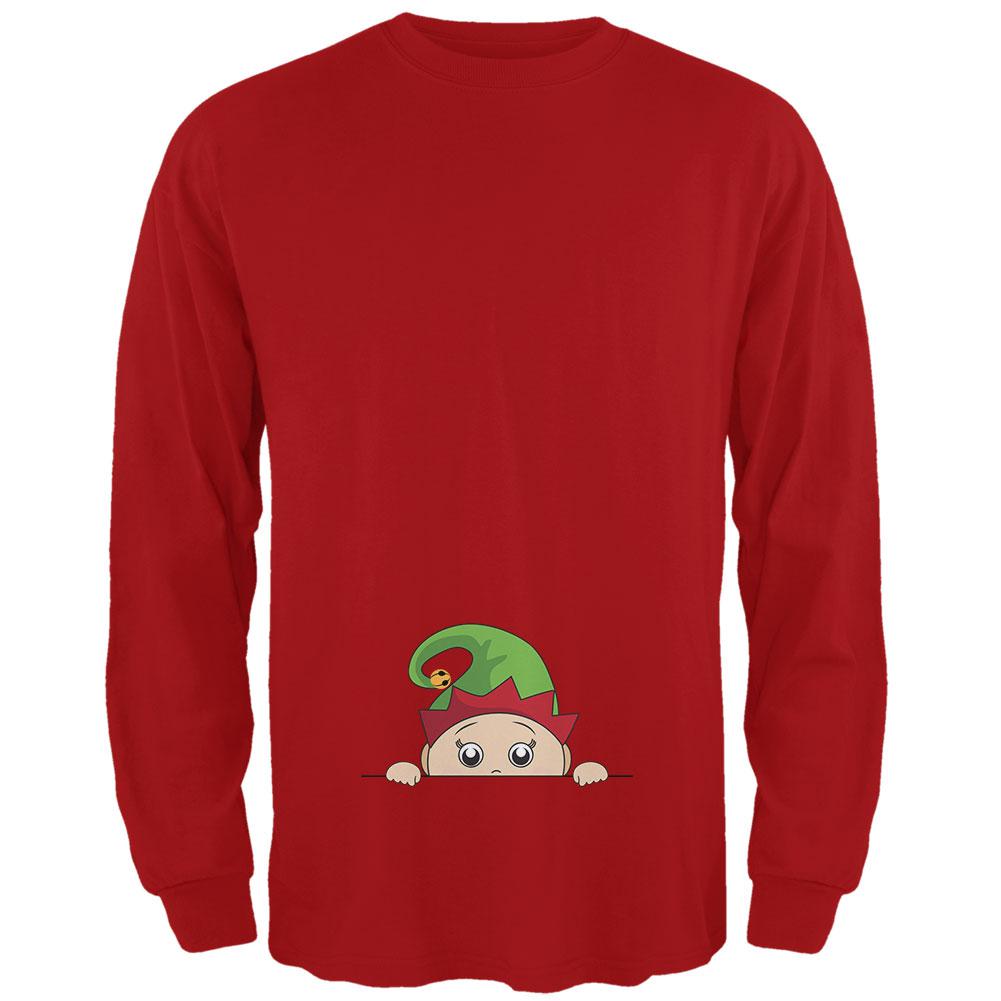 Christmas Peeking Baby Elf Green Mens Long Sleeve T Shirt Men's Long Sleeves Old Glory 2XL Red 