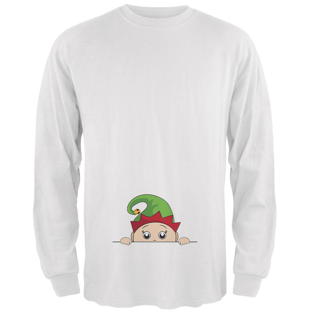 Christmas Peeking Baby Elf Green Mens Long Sleeve T Shirt Men's Long Sleeves Old Glory 2XL White 