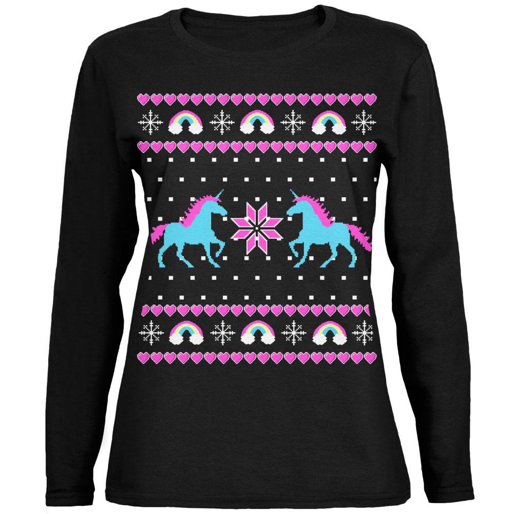 Unicorn Rainbow Ugly Christmas Sweater Ladies' Relaxed Jersey Long-Sleeve Tee Women's Long Sleeves Old Glory SM Black 