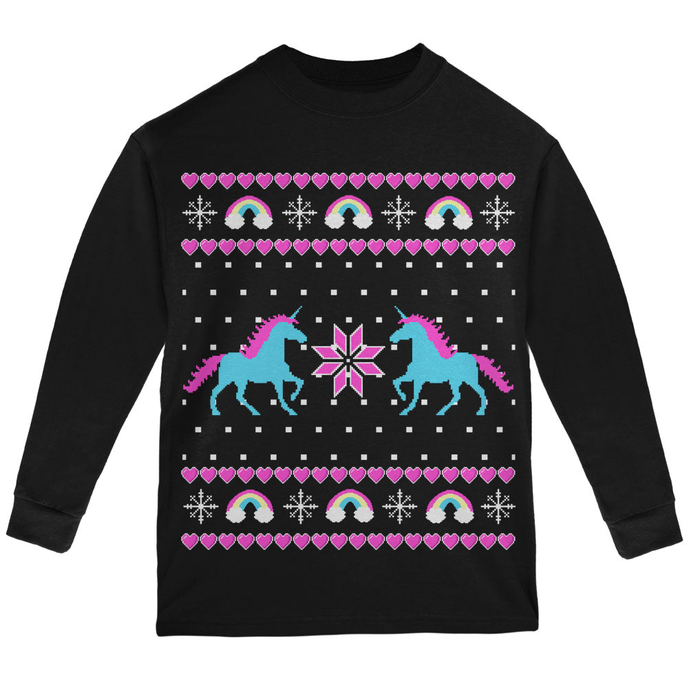 Unicorn Rainbow Ugly Christmas Sweater Youth Long Sleeve T Shirt Youth Long Sleeves Old Glory YLG Black 