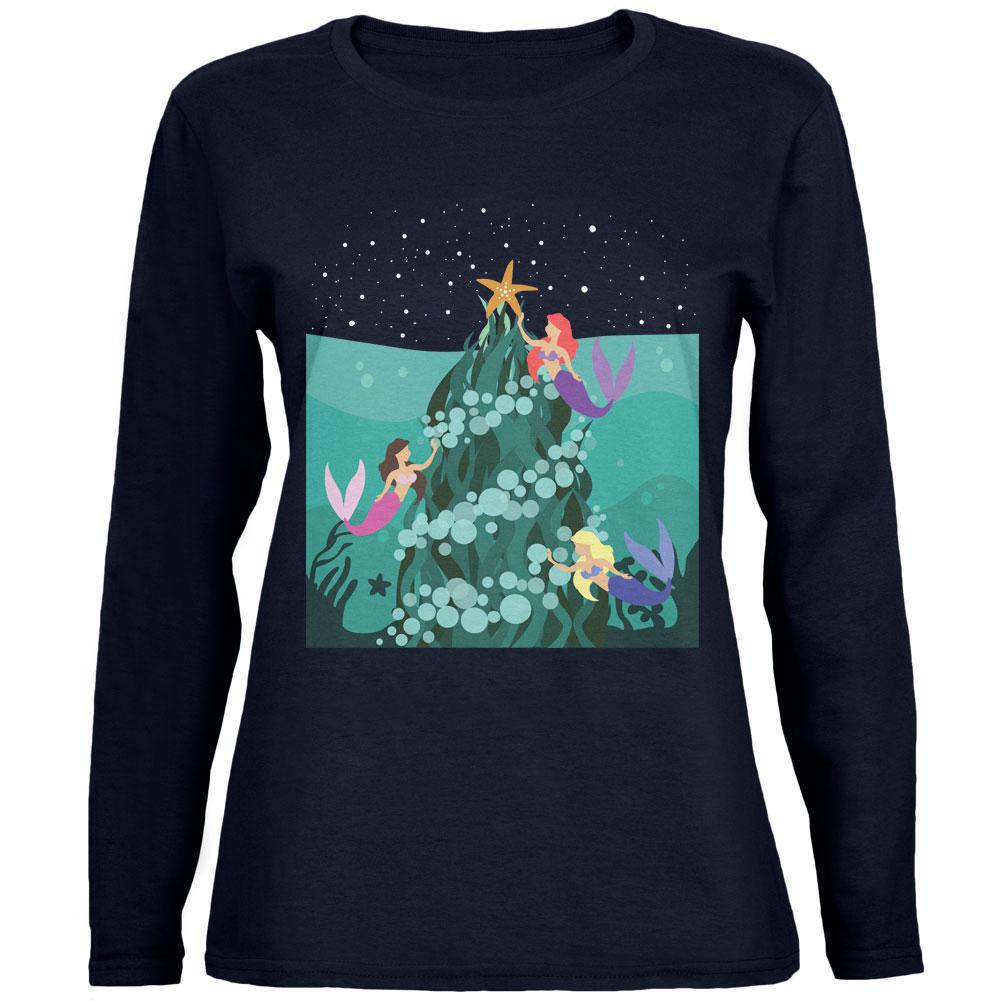 Mermaid Christmas Tree Womens Long Sleeve T Shirt Women's Long Sleeves Old Glory 2XL Navy 