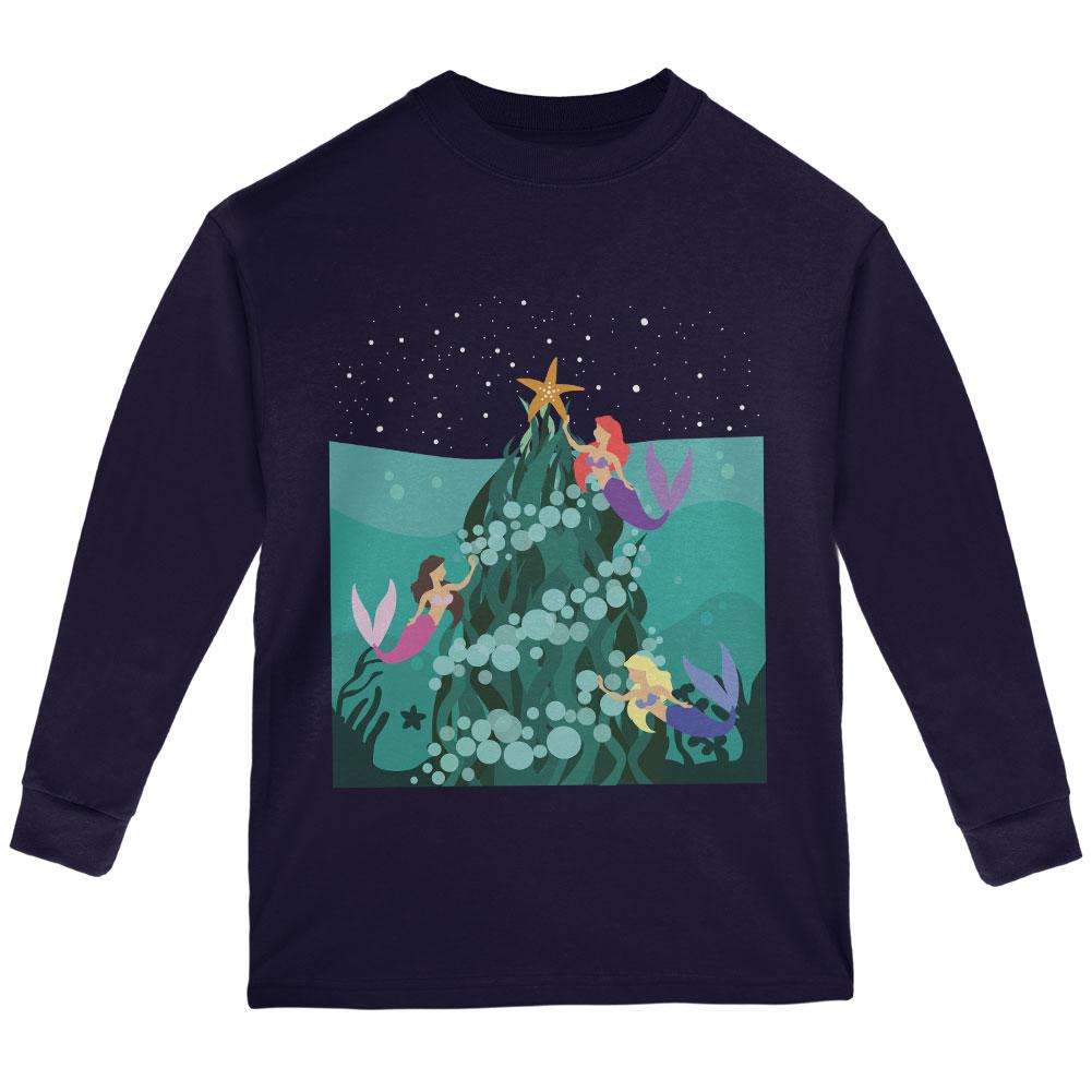 Mermaid Christmas Tree Youth Long Sleeve T Shirt Youth Long Sleeves Old Glory LG Navy 