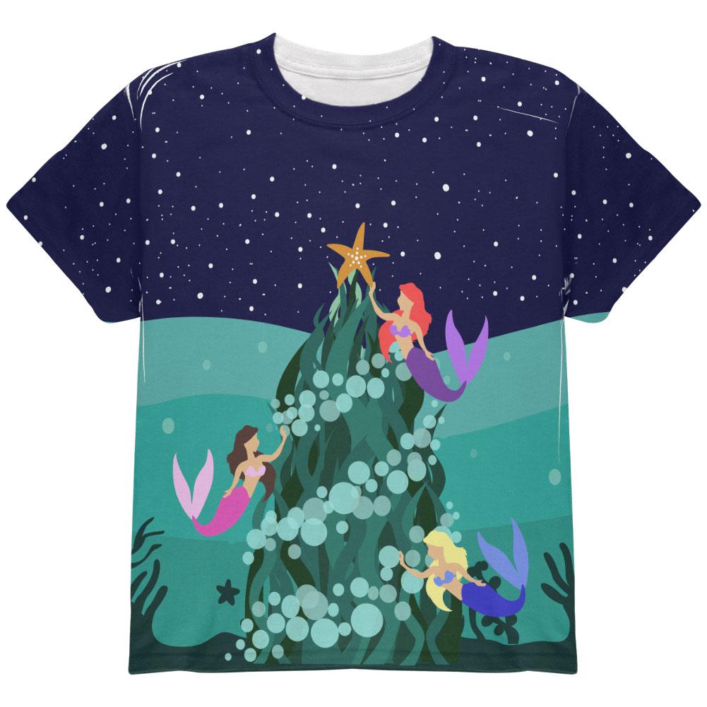 Mermaid Christmas Tree All Over Youth T Shirt Youth T-Shirts Old Glory LG Multi 