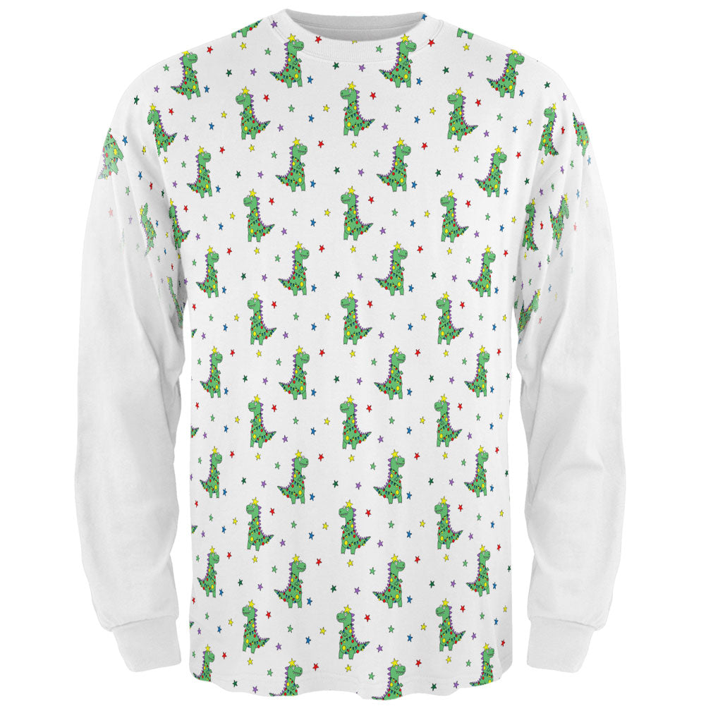 Christmas Tree Rex T-Rex Dinosaur Pattern All Over Mens Long Sleeve T Shirt Men's Long Sleeves Old Glory LG Multicolored 