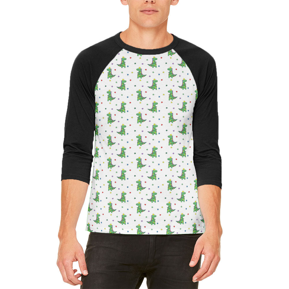 Christmas Tree Rex T-Rex Dinosaur Pattern Mens Raglan T Shirt Men's T-Shirts Old Glory LG White 