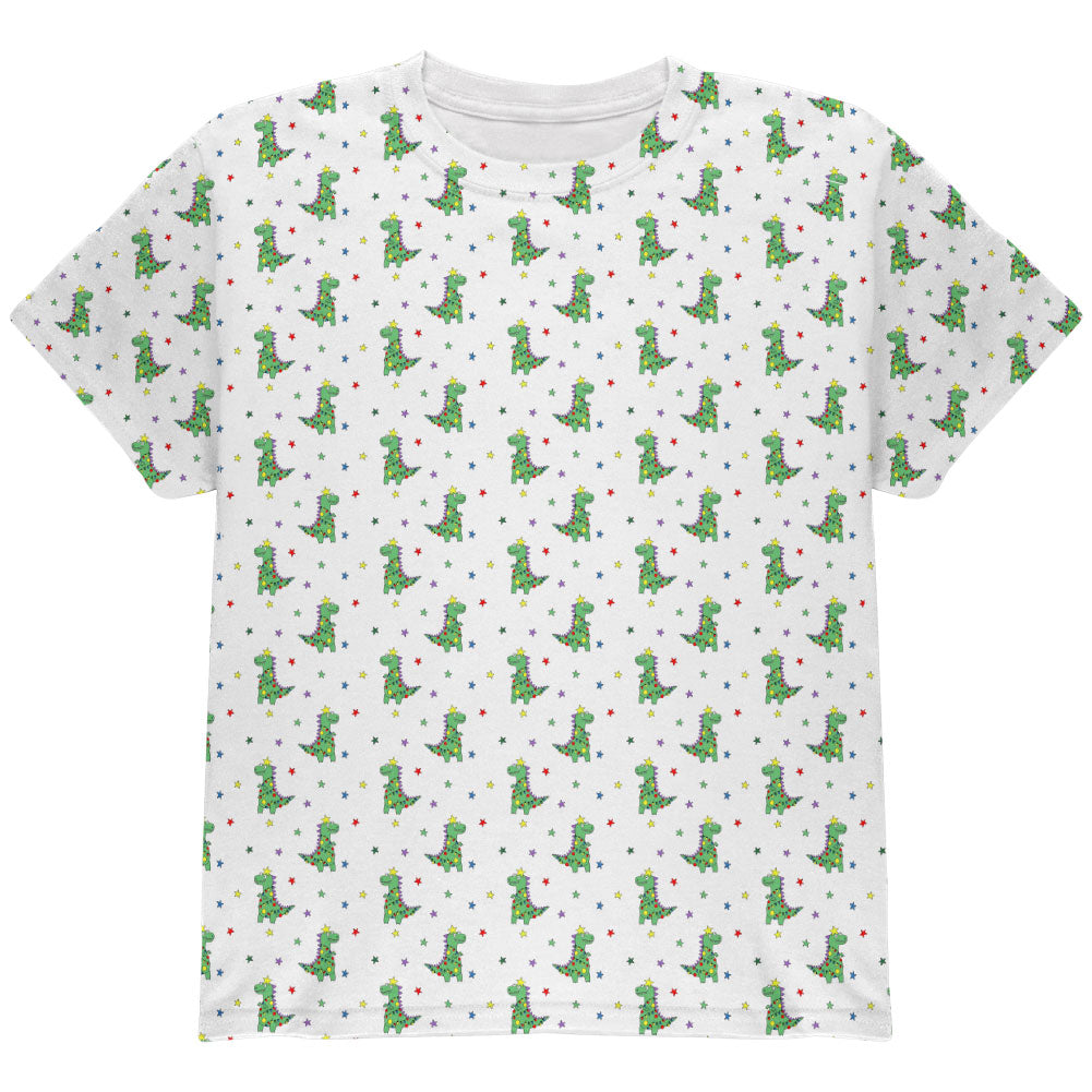 Christmas Tree Rex T-Rex Dinosaur Pattern All Over Youth T Shirt Youth T-Shirts Old Glory YLG Multicolored 