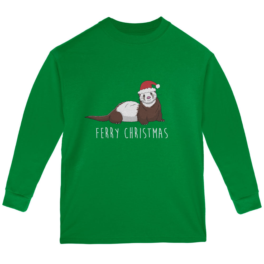 Ferry Merry Christmas Ferret Youth Long Sleeve T Shirt Youth Long Sleeves Old Glory YLG Green 