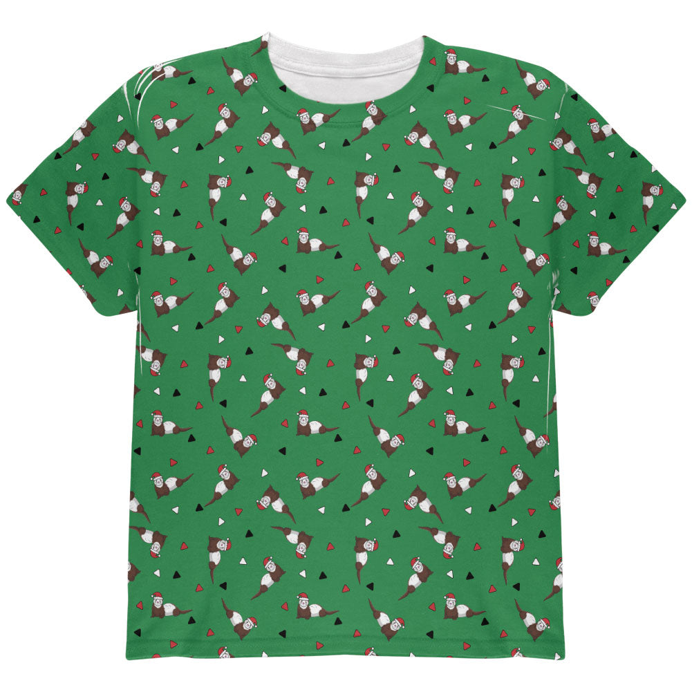 Retro Ferry Merry Christmas Ferret Pattern All Over Youth T Shirt Youth T-Shirts Old Glory YLG Green 