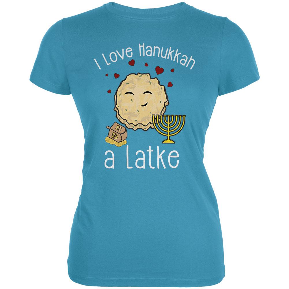 I Love Hanukkah A Lot Latke Juniors Soft T Shirt Juniors T-Shirts Old Glory LG Aqua 