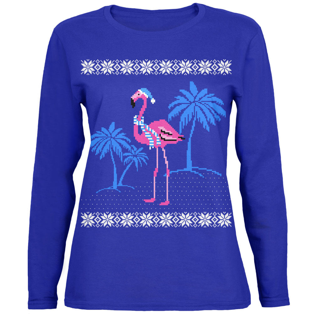 Flamingo Winter Ugly Christmas Sweater Womens Long Sleeve T Shirt Women's Long Sleeves Old Glory SM Royal 