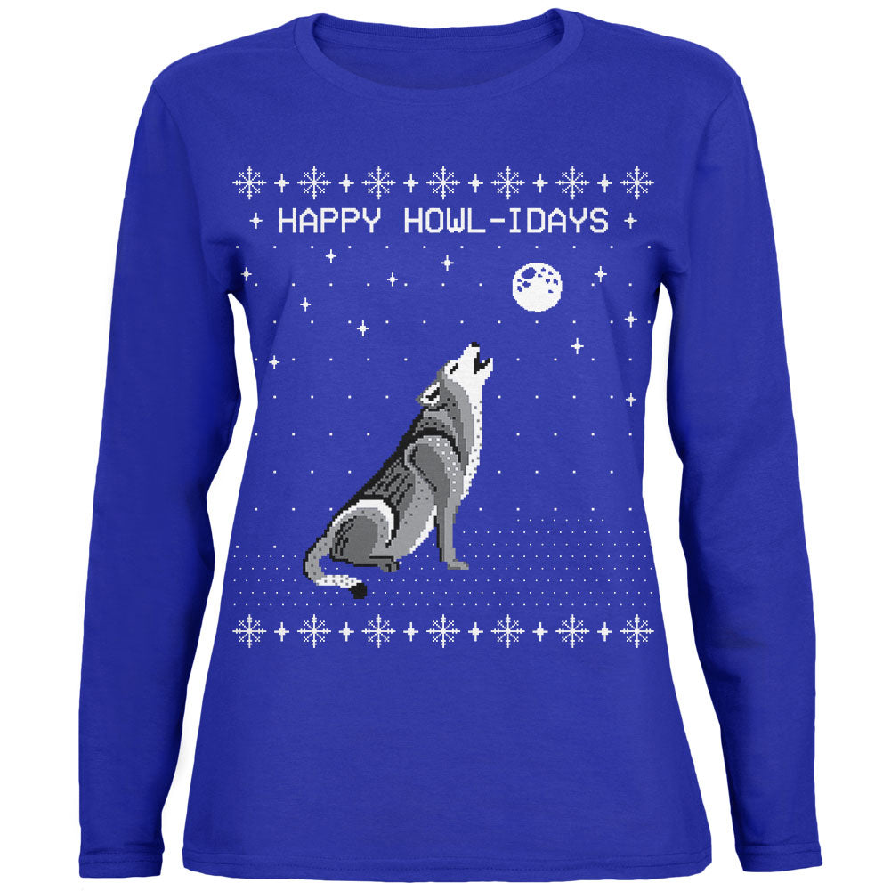 Happy Howl-idays Holidays Wolf Womens Long Sleeve T Shirt Women's Long Sleeves Old Glory 2XL Royal 