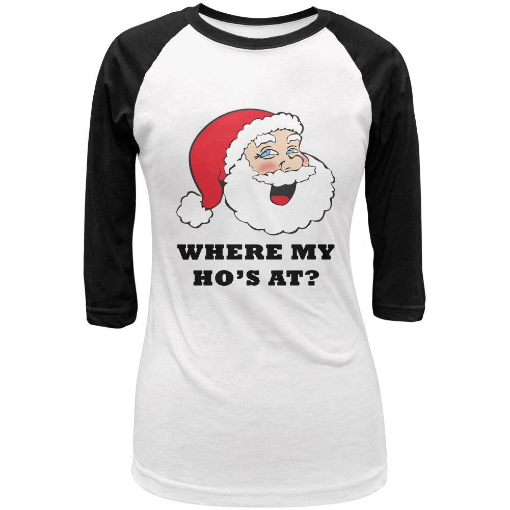 Christmas Santa Where My Ho's At Funny Juniors 3/4 Raglan T Shirt Juniors T-Shirts Old Glory LG White-Black 