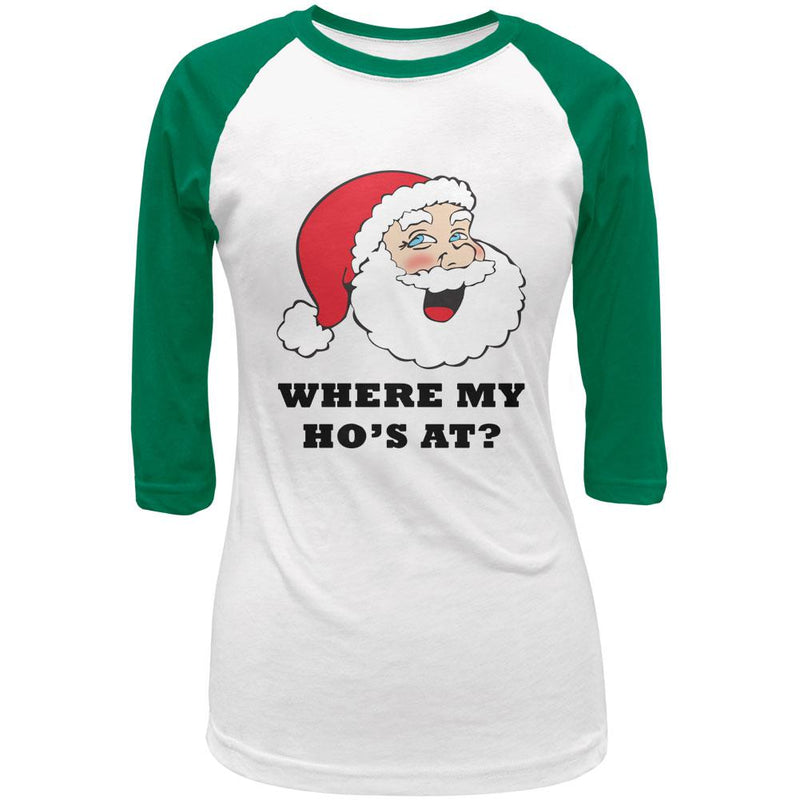 Christmas Santa Where My Ho's At Funny Juniors 3/4 Raglan T Shirt Juniors T-Shirts Old Glory 2XL White-Kelly 