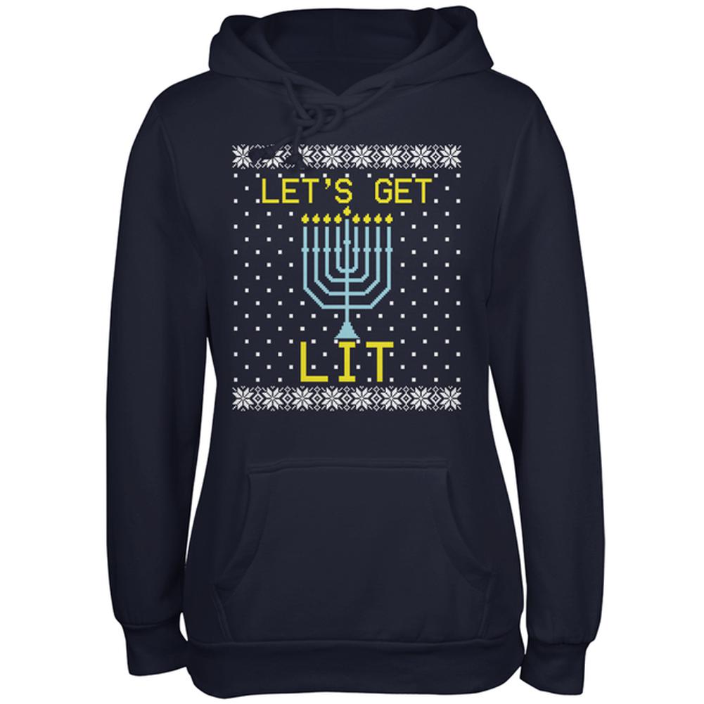 Menorah Get Lit Ugly Hanukkah Sweater Juniors Soft Hoodie Juniors Hoodies Old Glory 2XL Navy 