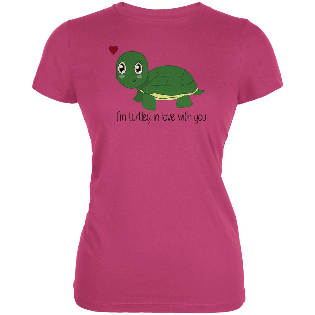 Turtle I'm Totally In Love With You Funny Pun Valentine's Day Juniors Soft T Shirt Juniors T-Shirts Old Glory LG Bright Berry 