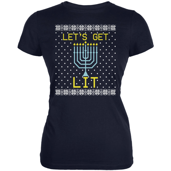 Menorah Get Lit Ugly Hanukkah Sweater Juniors Soft T Shirt Juniors T-Shirts Old Glory 2XL Navy 