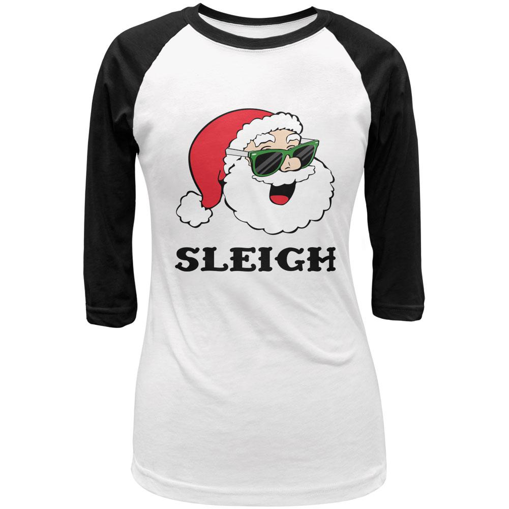 Christmas Santa Sunglasses Sleigh Slay Juniors 3/4 Sleeve Raglan T Shirt Juniors T-Shirts Old Glory LG White-Black 