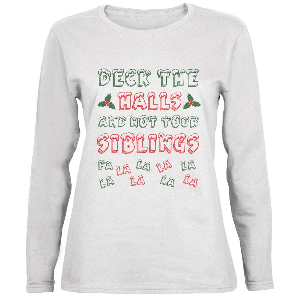 Christmas Deck the Halls Not Your Siblings Ladies' Relaxed Jersey Long-Sleeve Tee Juniors Long Sleeves Old Glory 2XL White 