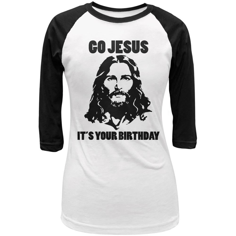 Christmas Go Jesus It's Your Birthday Juniors 3/4 Sleeve Raglan T Shirt Juniors Raglans Old Glory 2XL White-Black 