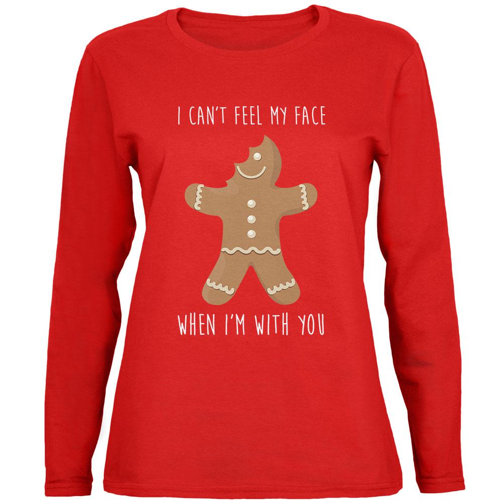 Christmas Gingerbread Man Can't Feel My Face Womens Long Sleeve T Shirt Women's Long Sleeves Old Glory 2XL Red 