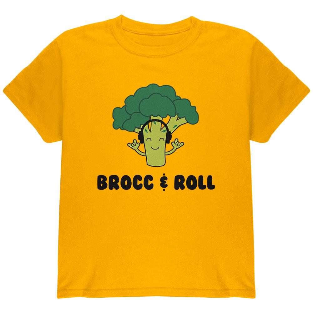 Vegetable Broccoli Rock Brocc and Roll Funny Youth T Shirt Youth T-Shirts Old Glory LG Gold 