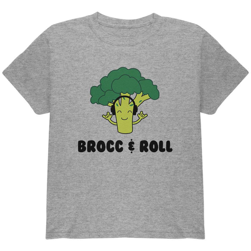 Vegetable Broccoli Rock Brocc and Roll Funny Youth T Shirt Youth T-Shirts Old Glory LG Heather 