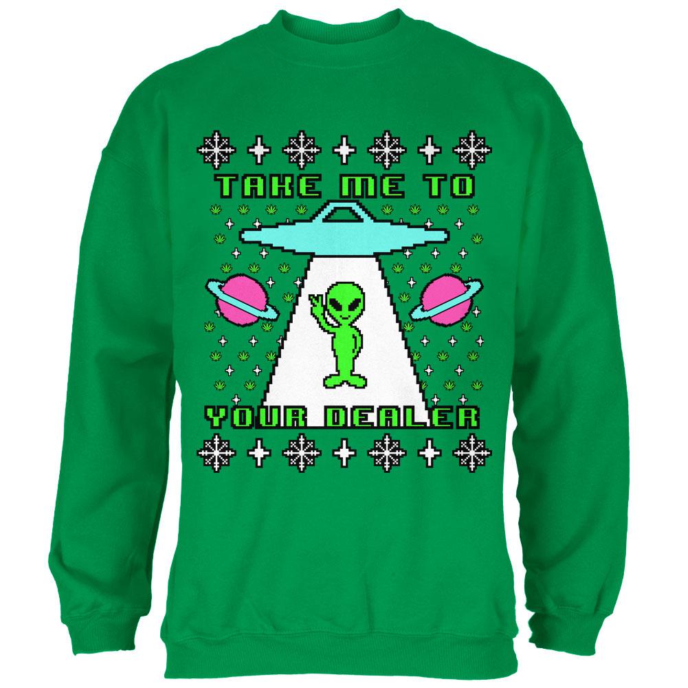 Alien Take Me to Your Dealer Ugly Christmas Sweater Mens Sweatshirt Men's Sweatshirts Old Glory SM Irish Green 