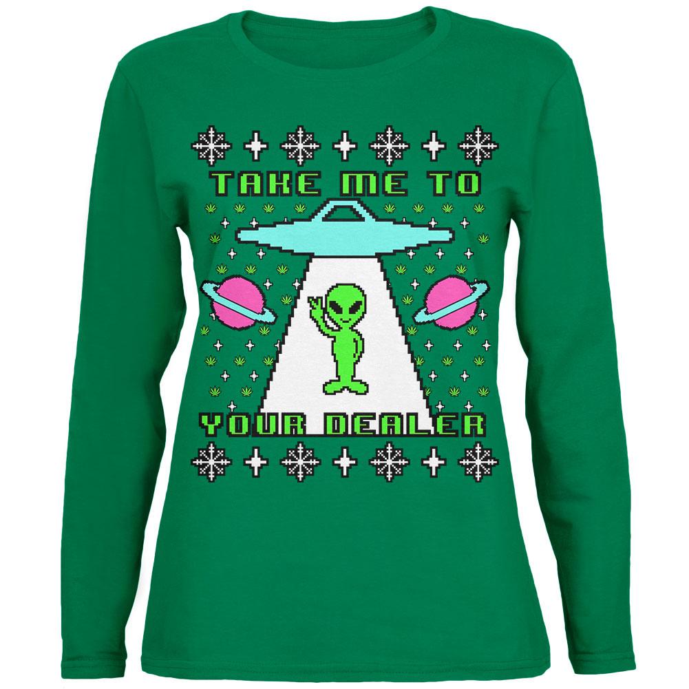 Alien Take Me to Your Dealer Ugly Christmas Sweater Womens Long Sleeve T Shirt Women's Long Sleeves Old Glory 2XL Green 