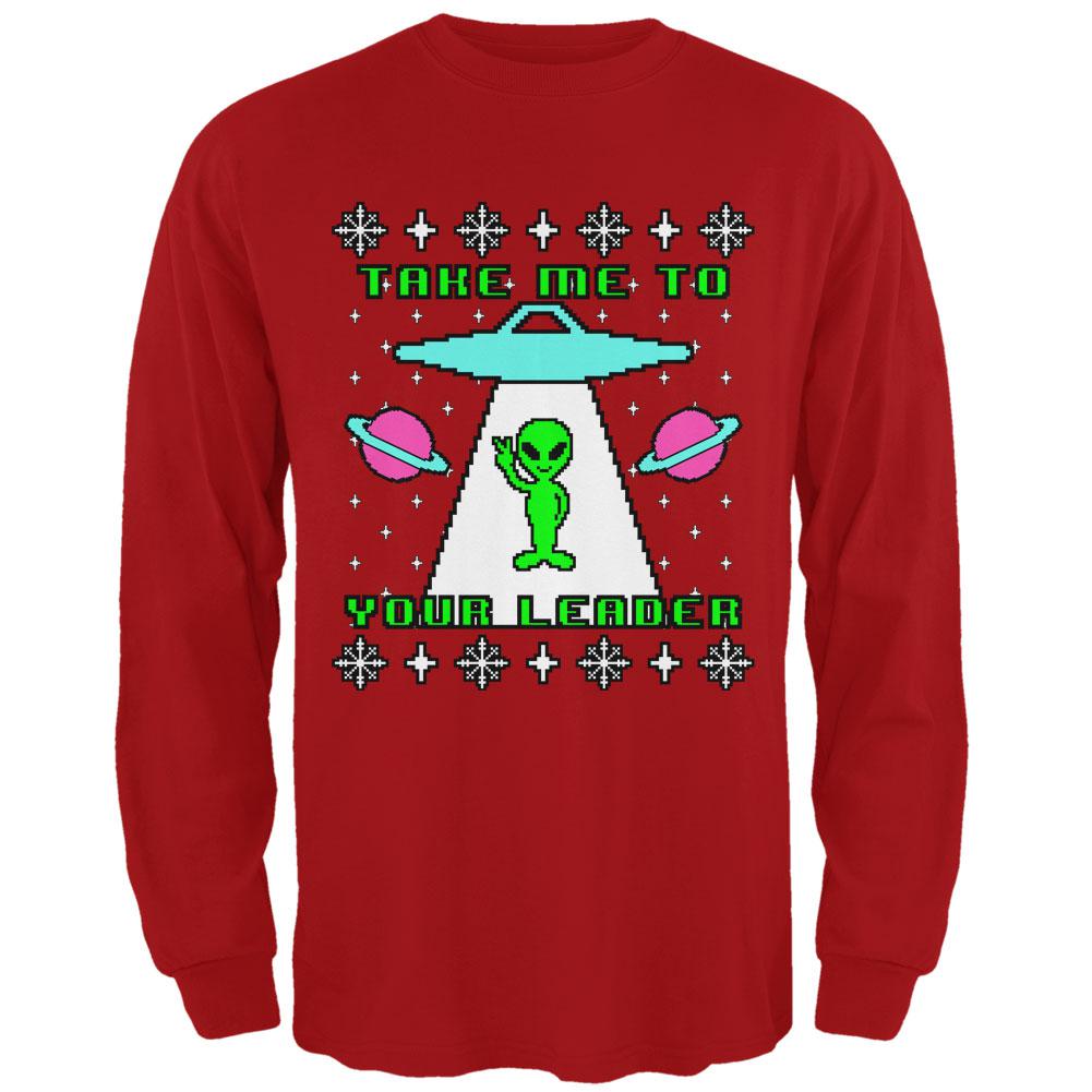 Alien Take Me to Your Leader Ugly Christmas Sweater Mens Long Sleeve T Shirt Men's Long Sleeves Old Glory 2XL Red 