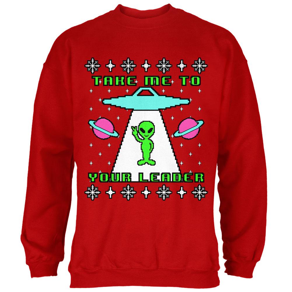 Alien Take Me to Your Leader Ugly Christmas Sweater Mens Sweatshirt Men's Sweatshirts Old Glory 2XL Red 