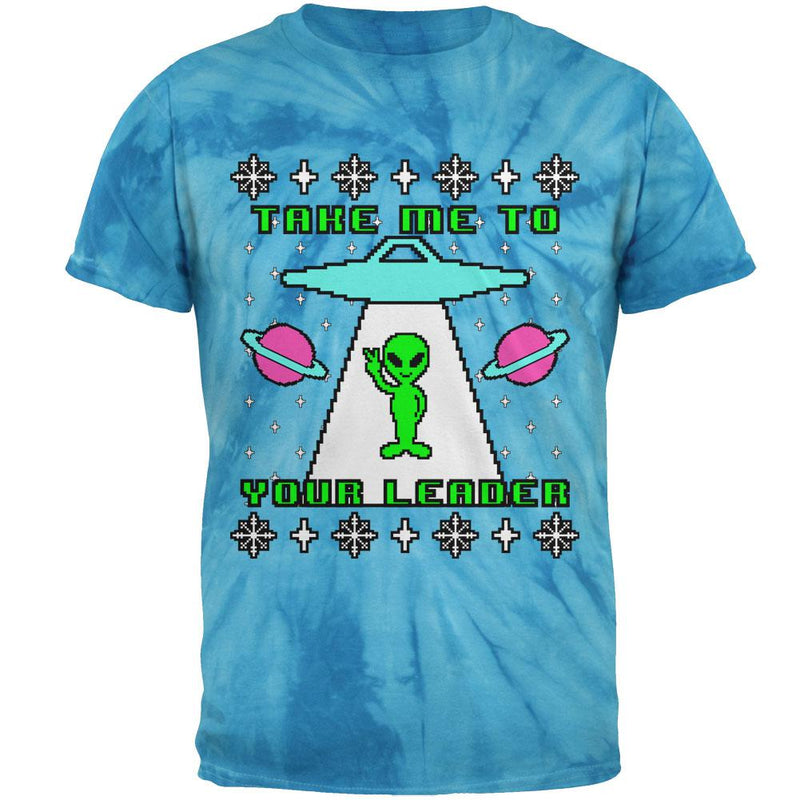 Alien Take Me to Your Leader Ugly Christmas Sweater Mens T Shirt Men's T-Shirts Old Glory 2XL Pinwheel Blue Tie Dye 