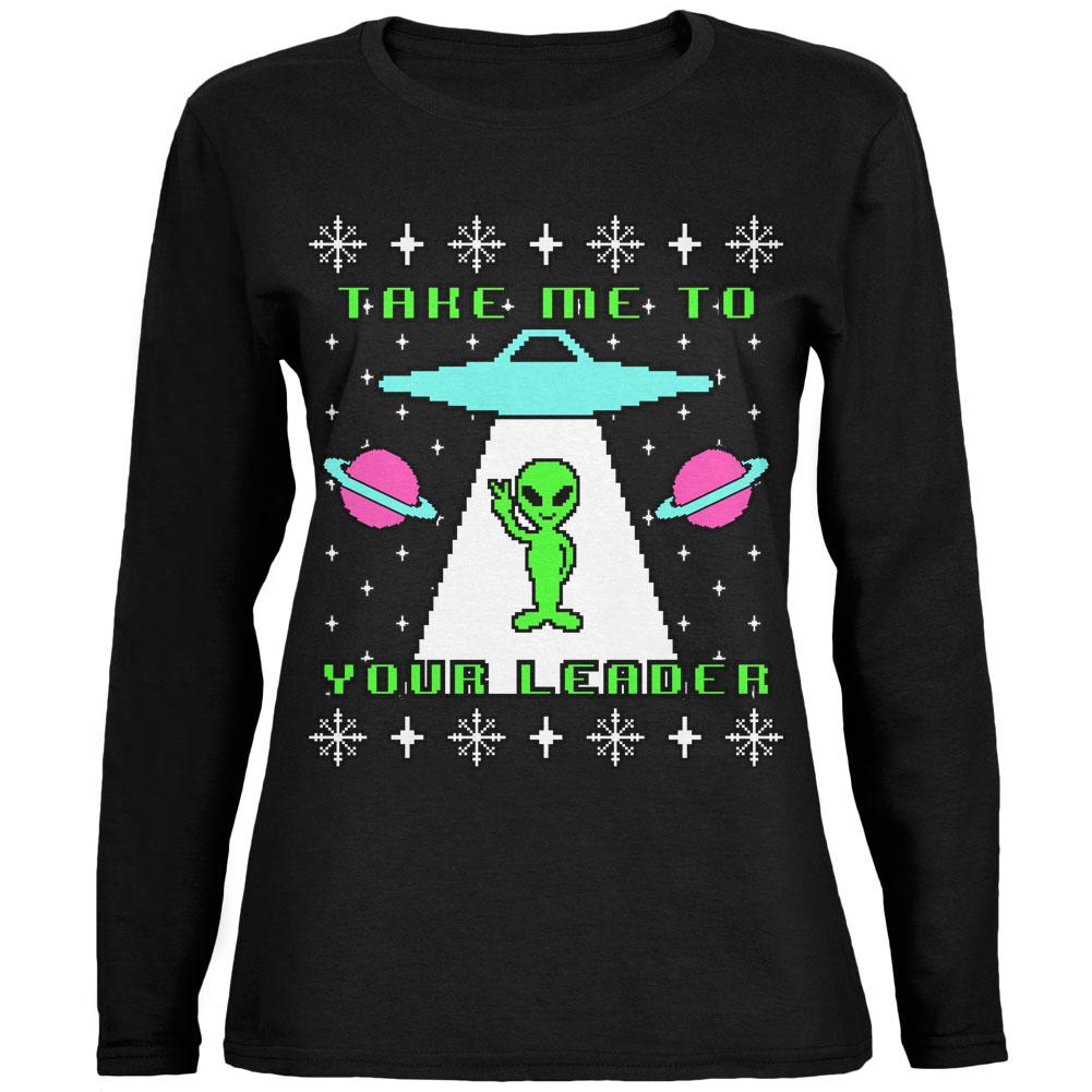 Alien Take Me to Your Leader Ugly Christmas Sweater Ladies' Jersey Long-Sleeve Tee Women's Long Sleeves Old Glory 2XL Black 