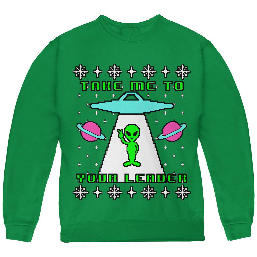 Alien Take Me to Your Leader Ugly Christmas Sweater Youth Sweatshirt Youth Sweatshirts Old Glory LG Green 