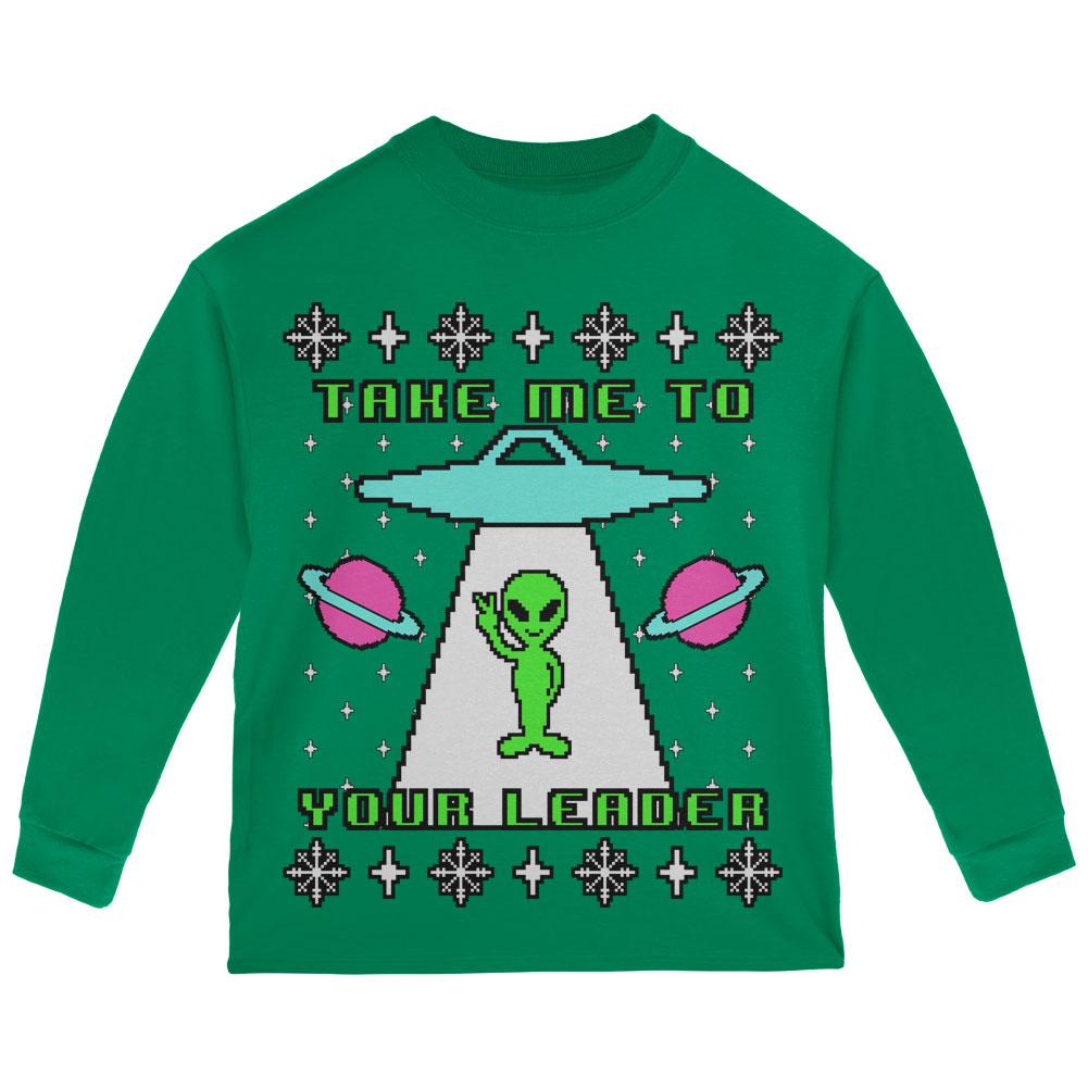 Alien Take Me to Your Leader Ugly Christmas Sweater Toddler Long Sleeve T Shirt Toddler Long Sleeves Old Glory 2T Green 