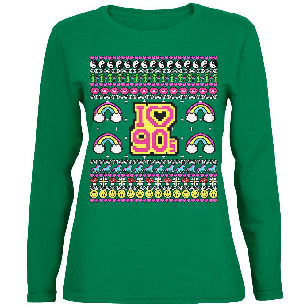 I Love the 90s Retro Nostalgia Ugly Christmas Sweater Womens Long Sleeve T Shirt Women's Long Sleeves Old Glory 2XL Green 