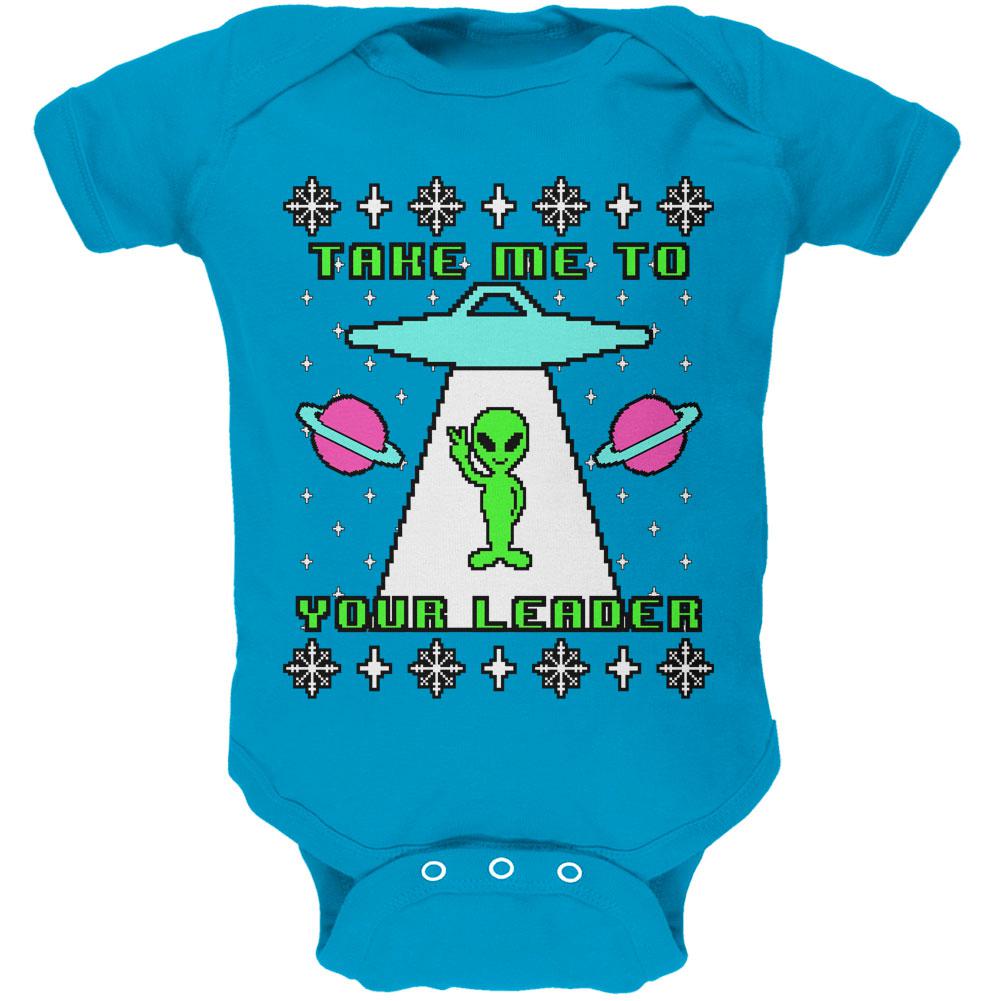 Alien Take Me to Your Leader Ugly Christmas Sweater Soft Baby One Piece Baby One Piece Old Glory 0-3M Turquoise 