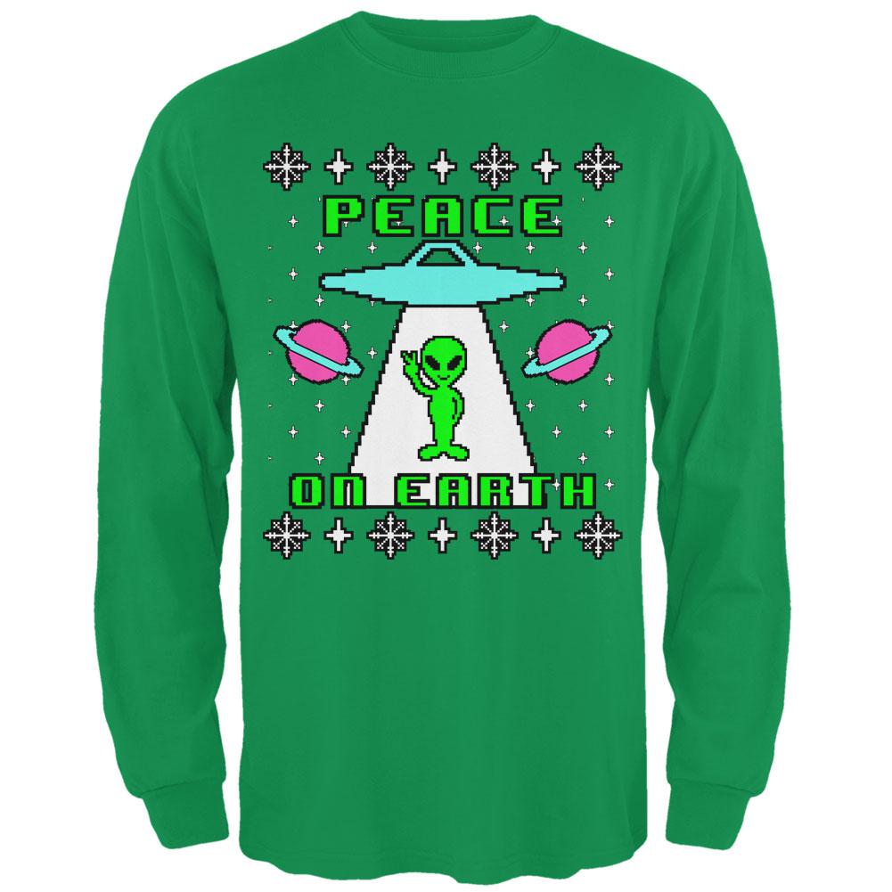 Alien Peace on Earth Ugly Christmas Sweater Mens Long Sleeve T Shirt Men's Long Sleeves Old Glory 2XL Irish Green 