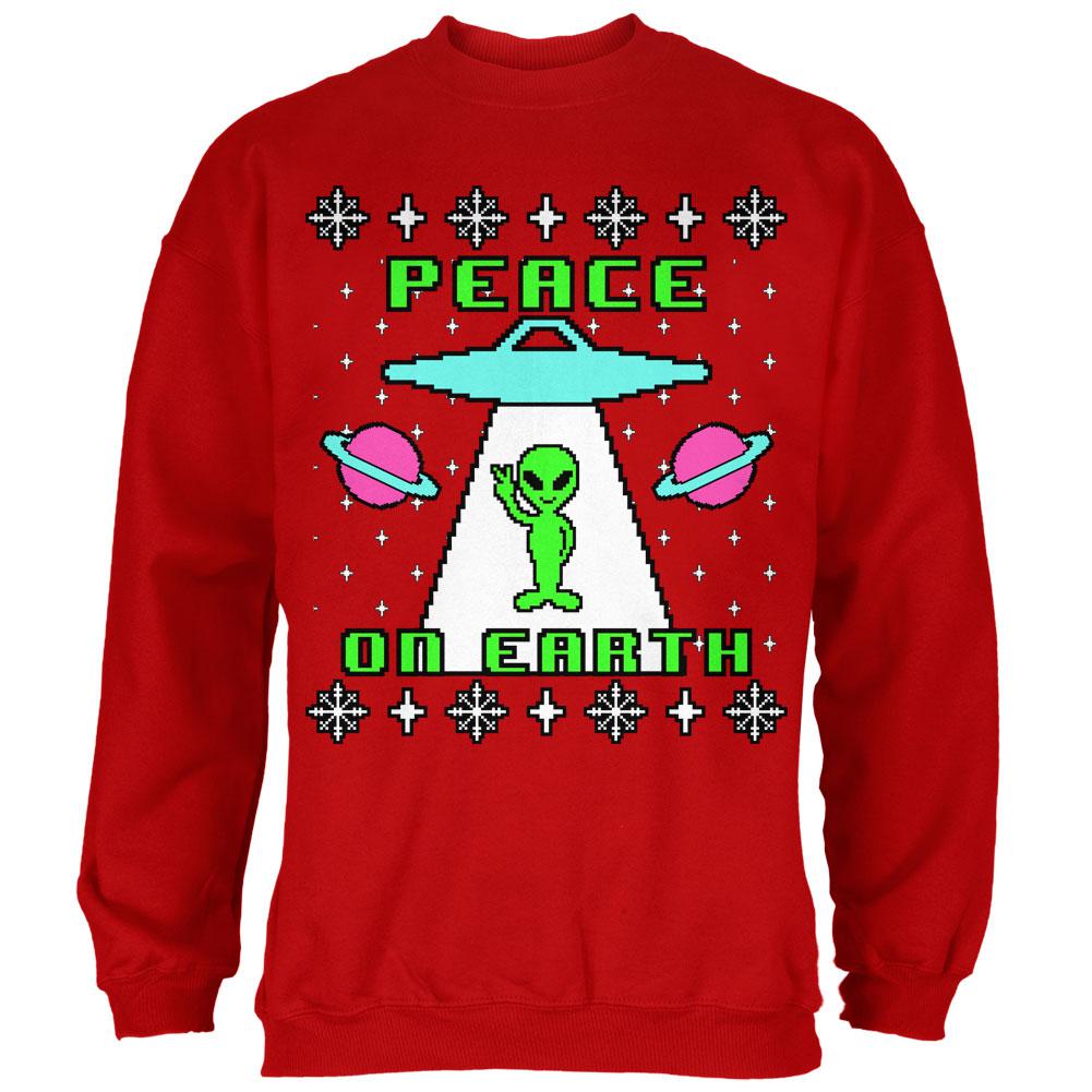 Alien Peace on Earth Ugly Christmas Sweater Mens Sweatshirt Men's Sweatshirts Old Glory 2XL Red 