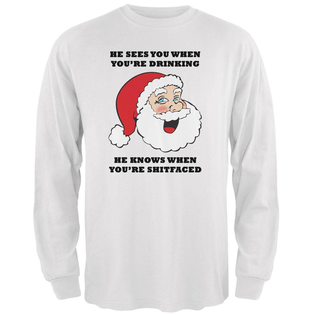 Christmas Santa He Sees You When You're Drinking Mens Long Sleeve T Shirt Men's Long Sleeves Old Glory 2XL White 