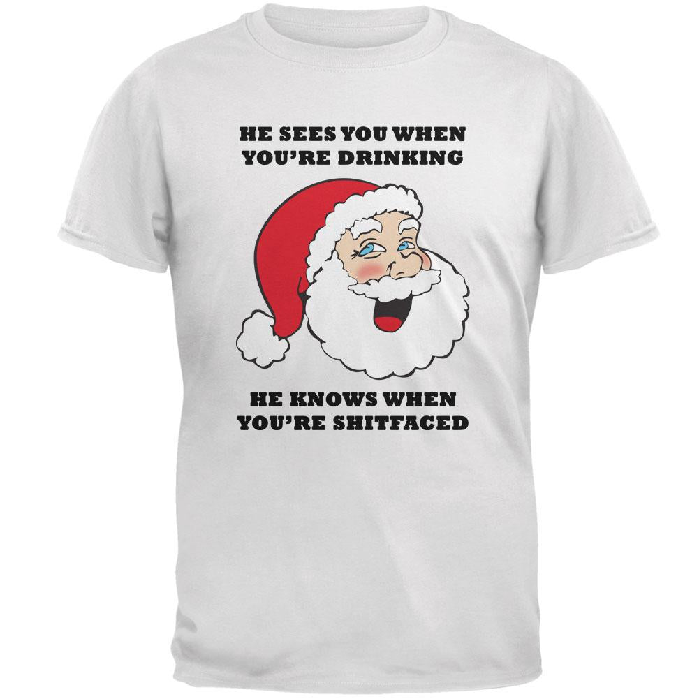 Christmas Santa He Sees You When You're Drinking Mens T Shirt Men's T-Shirts Old Glory 2XL White 