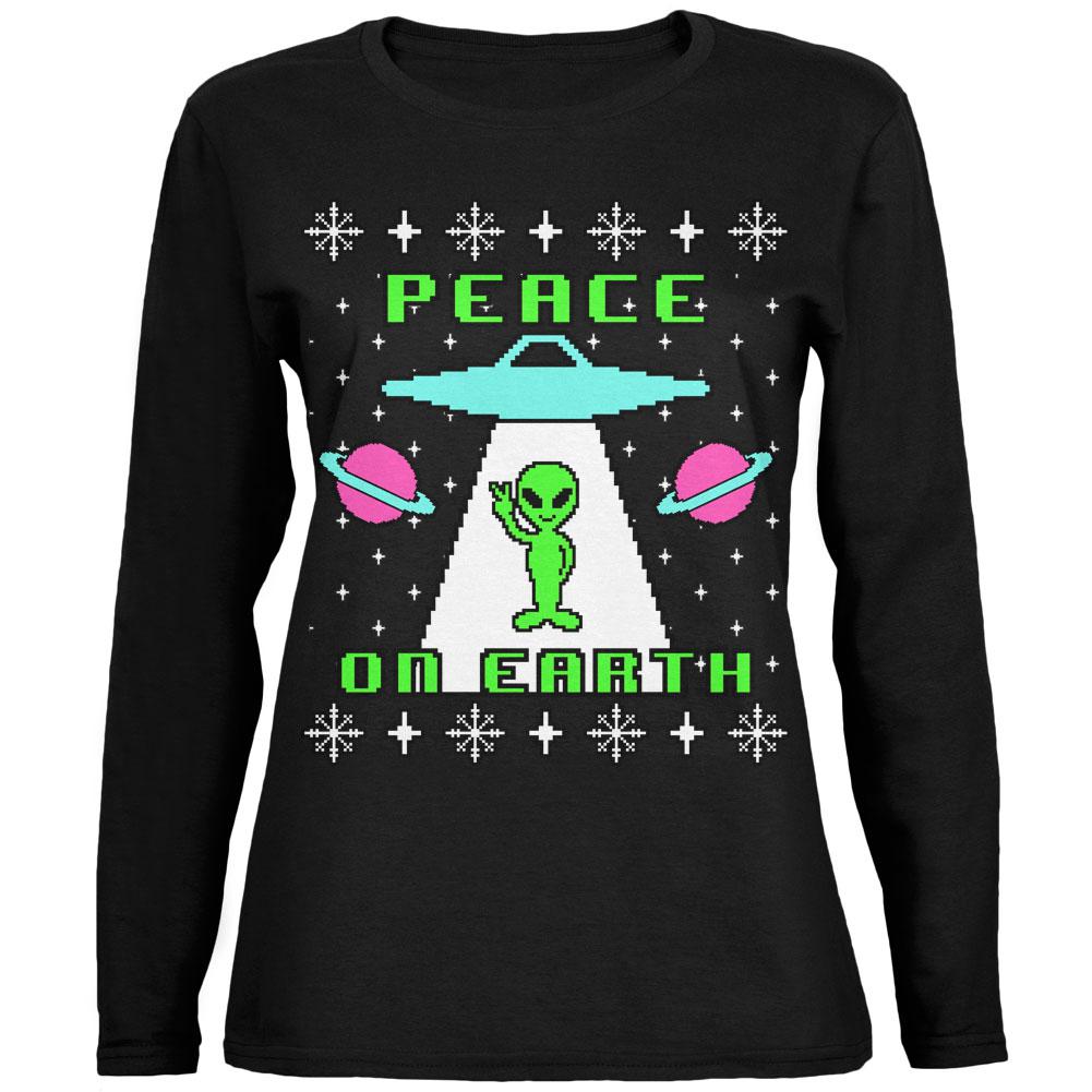 Alien Peace on Earth Ugly Christmas Sweater Ladies' Relaxed Jersey Long-Sleeve Tee Women's Long Sleeves Old Glory 2XL Black 