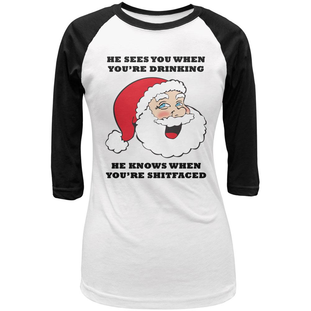 Christmas Santa He Sees You When You're Drinking Juniors 3/4 Sleeve Raglan T Shirt Juniors T-Shirts Old Glory LG White-Black 