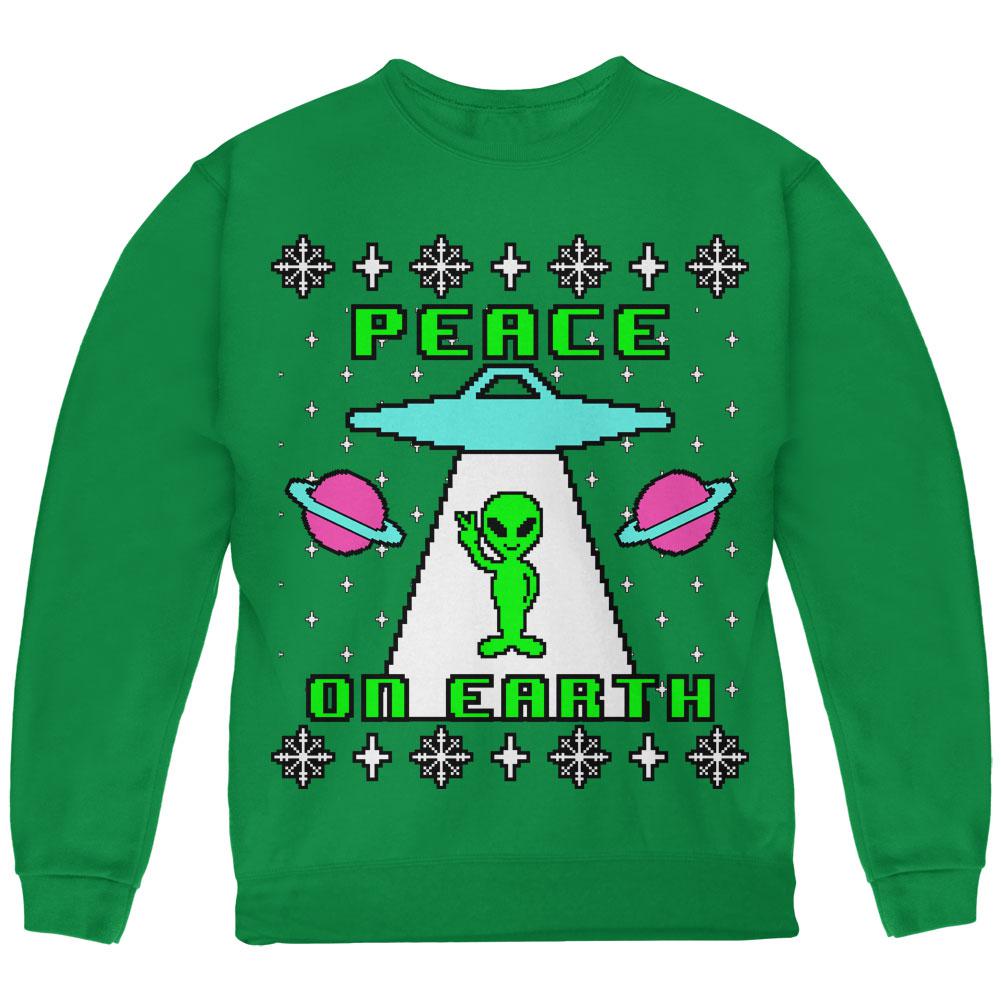 Alien Peace on Earth Ugly Christmas Sweater Youth Sweatshirt Youth Sweatshirts Old Glory LG Green 