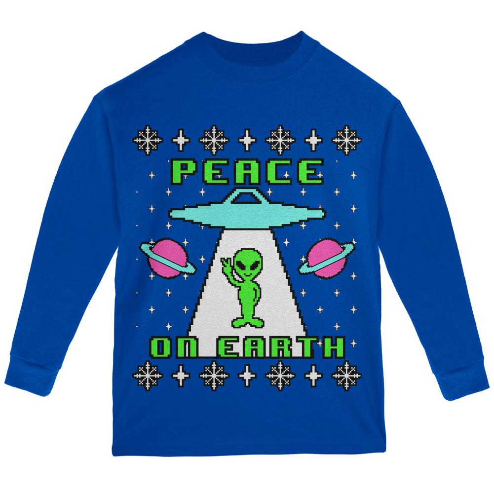 Alien Peace on Earth Ugly Christmas Sweater Youth Long Sleeve T Shirt Youth Long Sleeves Old Glory LG Royal 