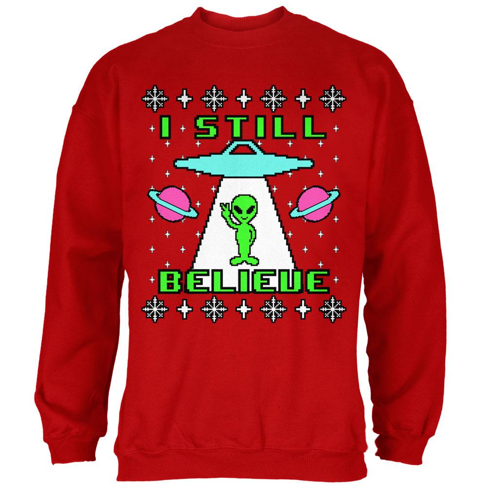 Alien I Still Believe Ugly Christmas Sweater Mens Sweatshirt Men's Sweatshirts Old Glory SM Red 