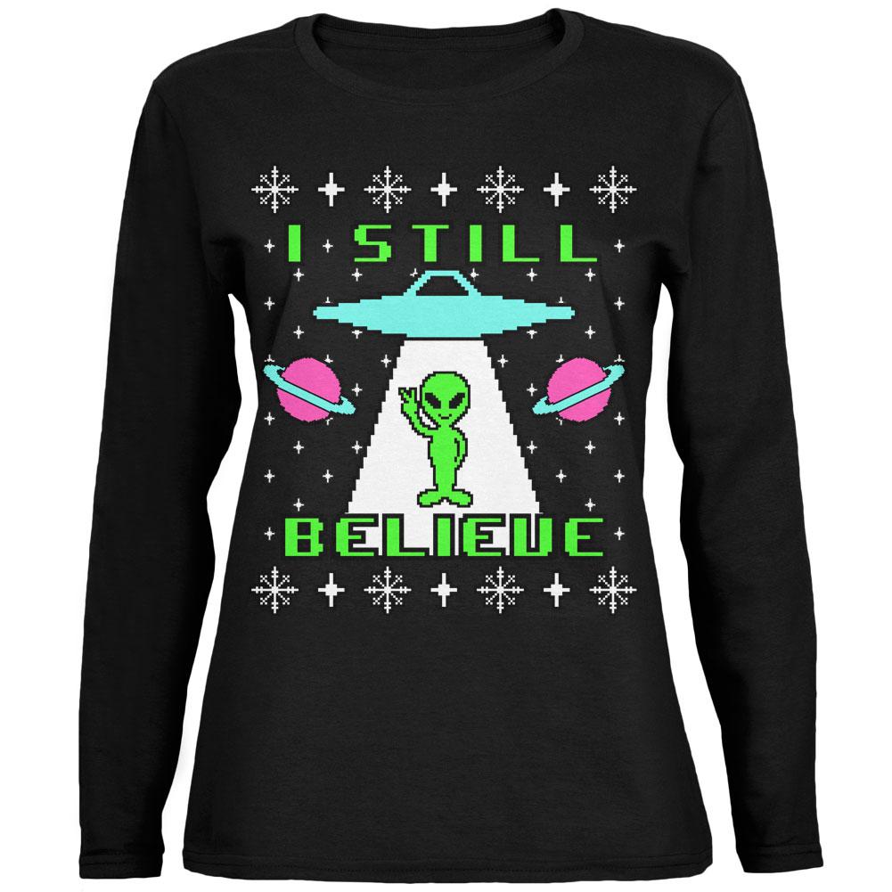 Alien I Still Believe Ugly Christmas Sweater Ladies' Relaxed Jersey Long-Sleeve Tee Women's Long Sleeves Old Glory 2XL Black 