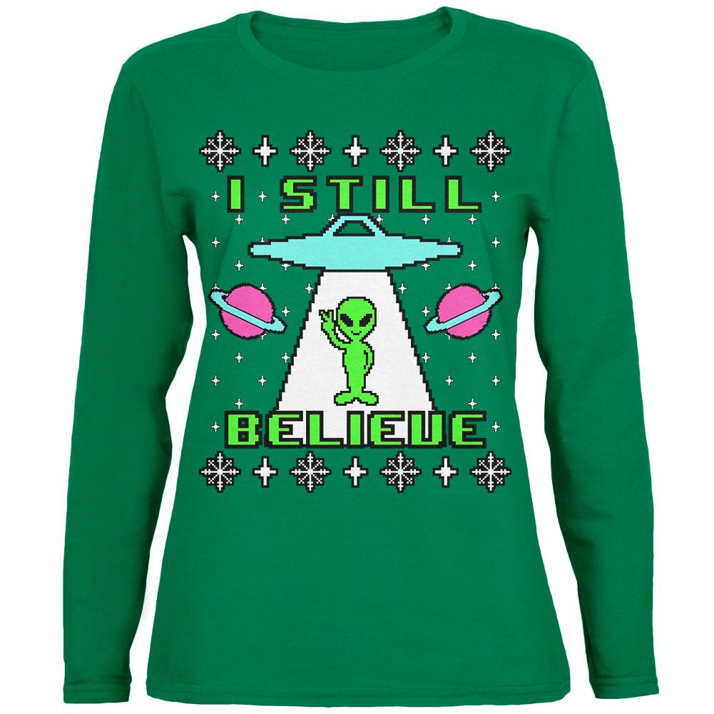 Alien I Still Believe Ugly Christmas Sweater Womens Long Sleeve T Shirt Women's Long Sleeves Old Glory 2XL Green 